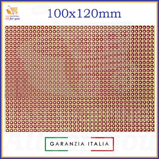 Basetta millefori sperimentale in vetronite ramata con dimensioni 100x120mm e fori con passo 2.54mm. La superficie è di colore rame/marrone con isole forate e presenta protezione antiossidante.