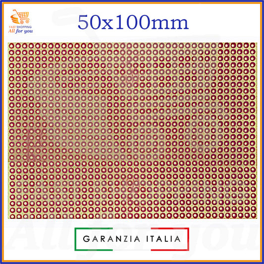 Basetta millefori sperimentale in vetronite ramata con dimensioni 50x100mm e fori con passo 2.54mm. La superficie è di colore rame/marrone con isole forate e presenta protezione antiossidante.