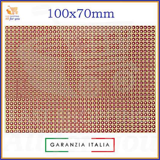 Basetta millefori sperimentale in vetronite ramata con dimensioni 100x70mm e fori con passo 2.54mm. La superficie è di colore rame/marrone con isole forate e presenta protezione antiossidante.