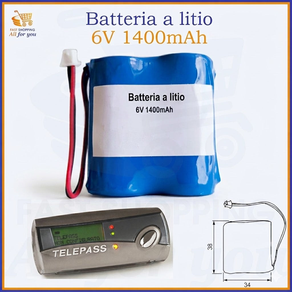 Batteria al litio 6V 1400mAh con connettore originale per Telepass ricaricabile.
