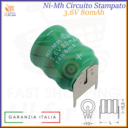 Batteria ricaricabile Ni-Mh 3.6V 80mAh, con 3 celle in serie e pin per circuito stampato.