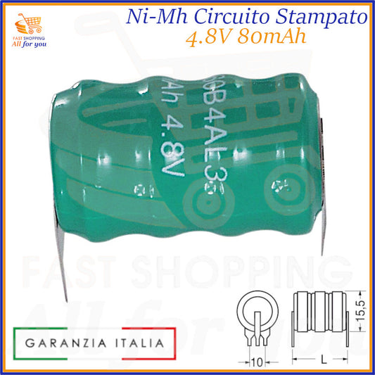 Batteria ricaricabile Ni-Mh 4.8V 80mAh, con 4 celle in serie e pin per circuito stampato.