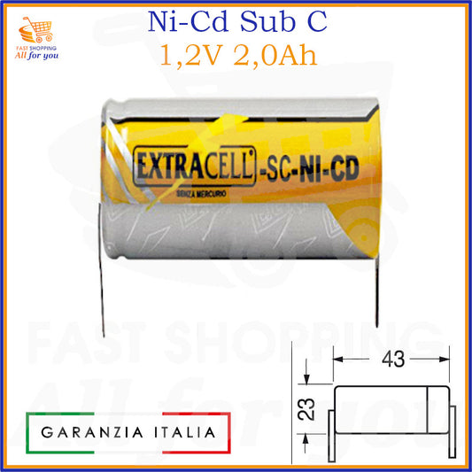 Batteria ricaricabile Ni-Cd formato SC, 1.2V e 2.0Ah, con terminali a saldare per pacchi batteria.