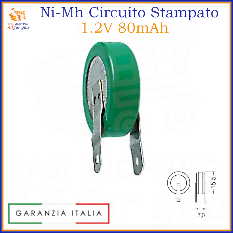 Batteria ricaricabile Ni-Mh 1.2V 80mAh a singola cella, con terminali a saldare per circuito stampato.