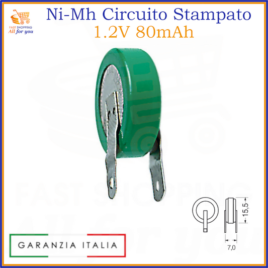 Batteria ricaricabile Ni-Mh 1.2V 80mAh a singola cella, con terminali a saldare per circuito stampato.