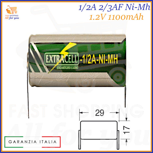 Batteria ricaricabile Ni-Mh formato 2/3AF (1/2A), 1.2V e 1100mAh, con terminali a saldare.