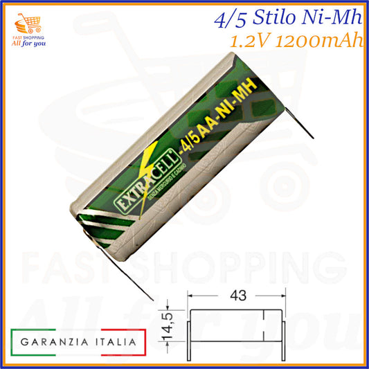 Batteria ricaricabile Ni-Mh formato 4/5 stilo AA, 1.2V 1200mAh, con terminali a saldare.