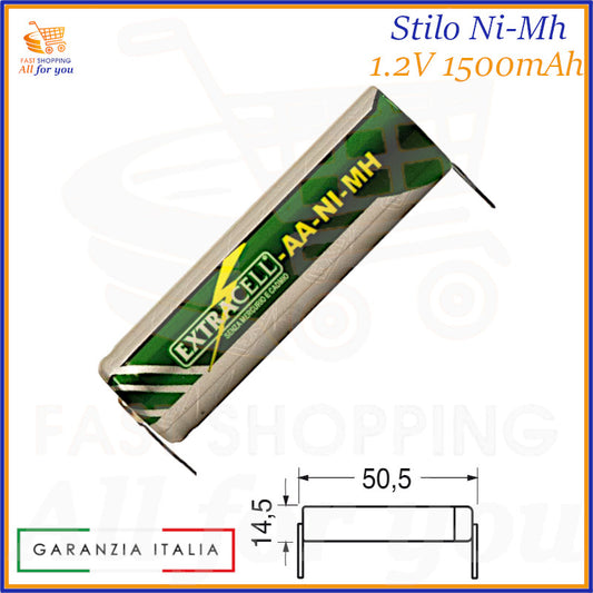 Batteria ricaricabile Ni-Mh formato stilo AA, 1.2V e 1500mAh, con terminali a saldare.