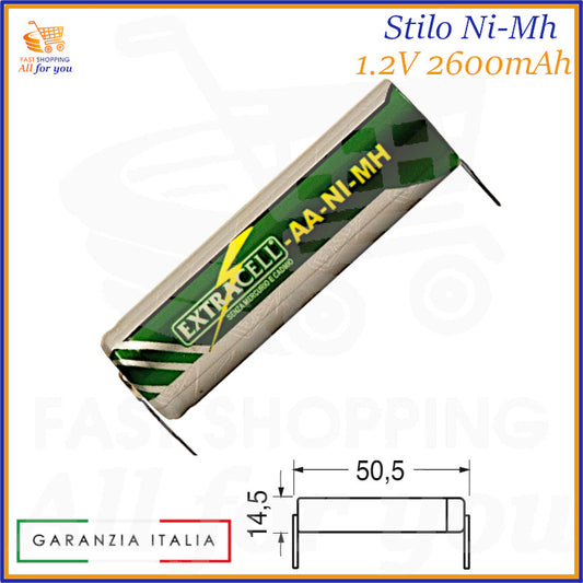 Batteria ricaricabile Ni-Mh formato stilo AA, 1.2V 2600mAh, con terminali a saldare per dispositivi elettronici.