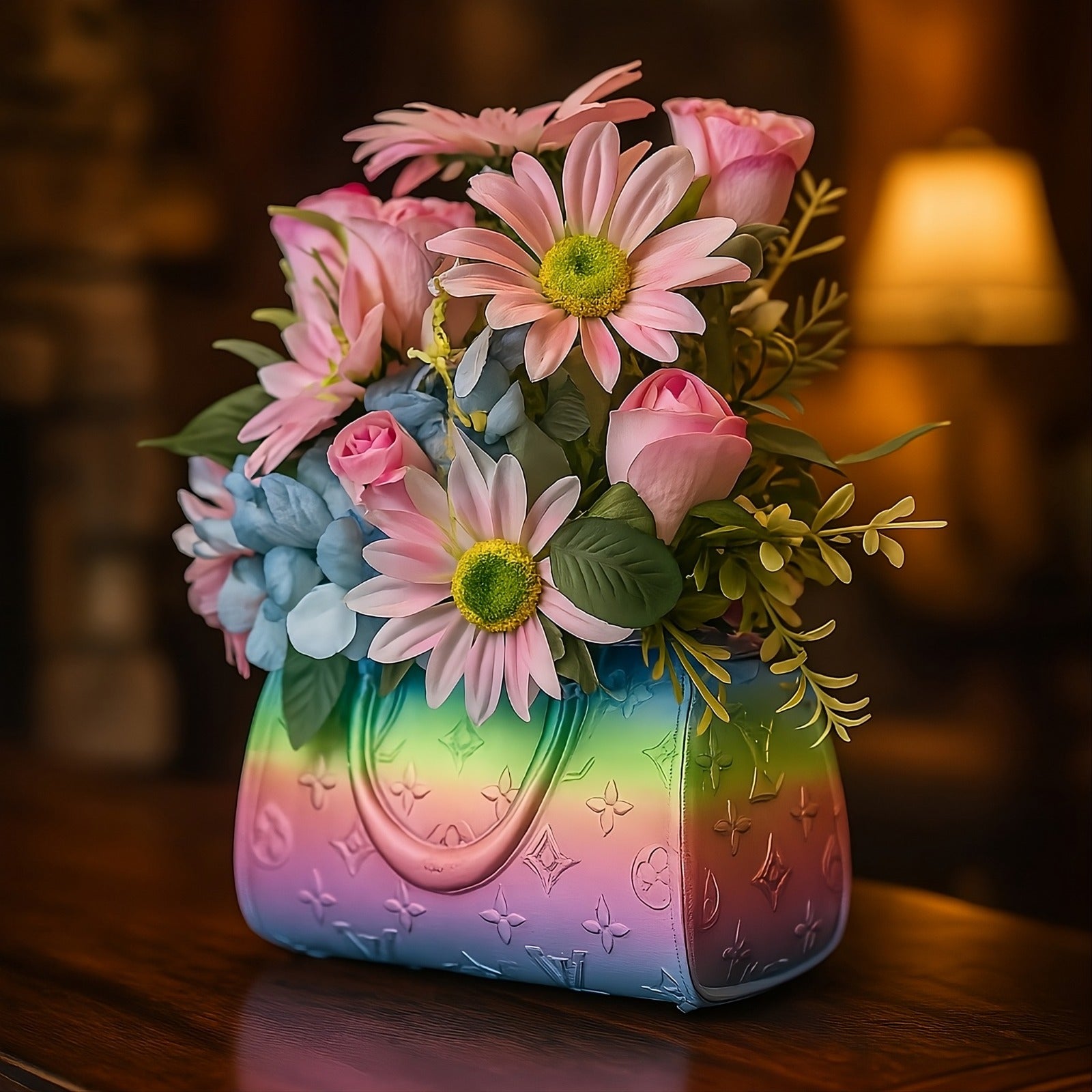 Borsa porta fiori e trucchi multiuso con design arcobaleno e motivi floreali.