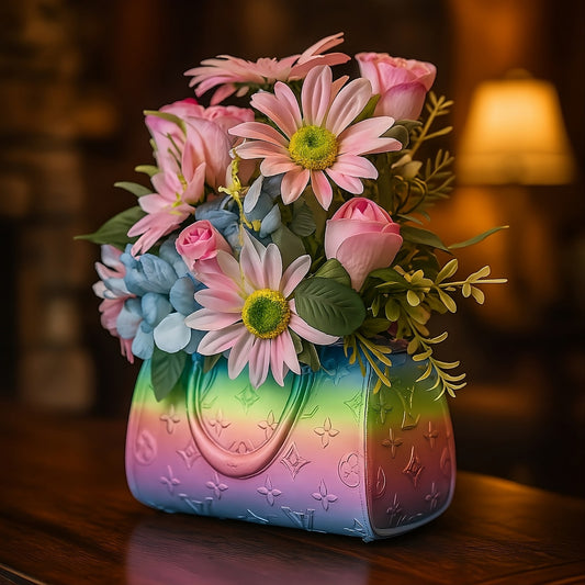 Borsa porta fiori e trucchi multiuso con design arcobaleno e motivi floreali.