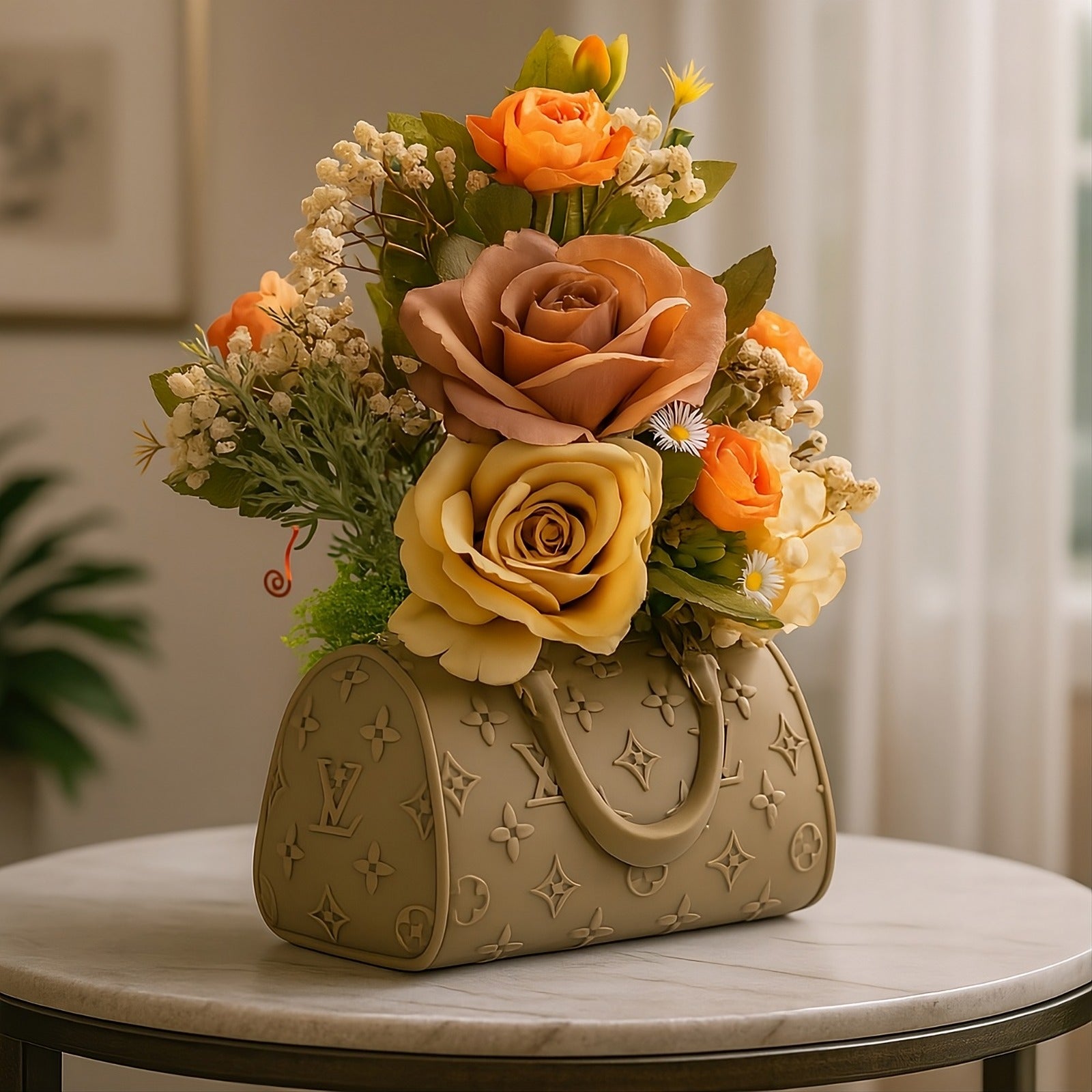 Elegante borsa decorativa beige con fiori autunnali, utilizzabile come porta trucchi.