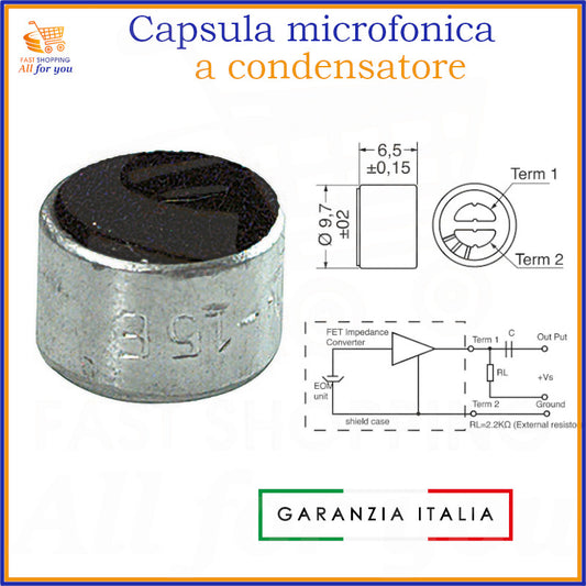 Capsula microfonica preamplificata omnidirezionale da 9,7 mm – a saldare per circuiti stampati