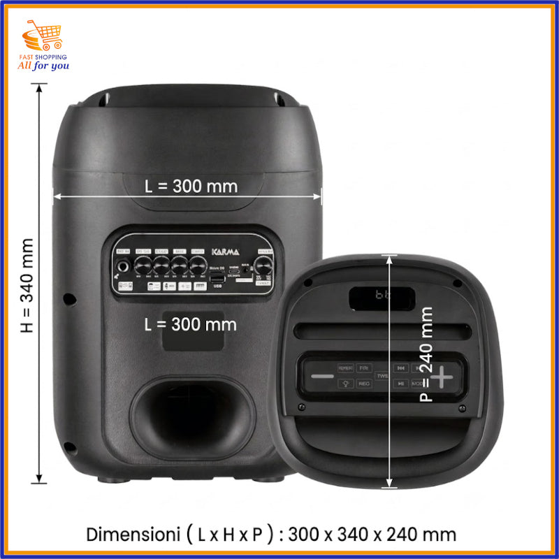 Dimensioni ufficiali del diffusore portatile Karma Sonetra pari a 300 x 340 x 240 mm.