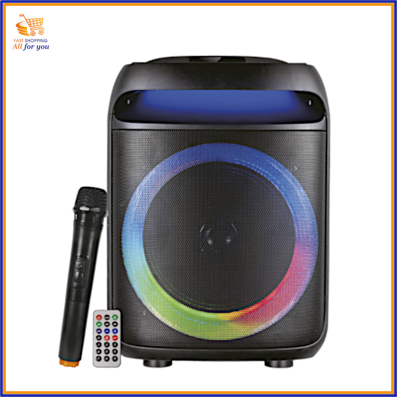 Cassa party box Karma Sonetra da 300W PMPO con woofer da 8 pollici e luci LED dinamiche.