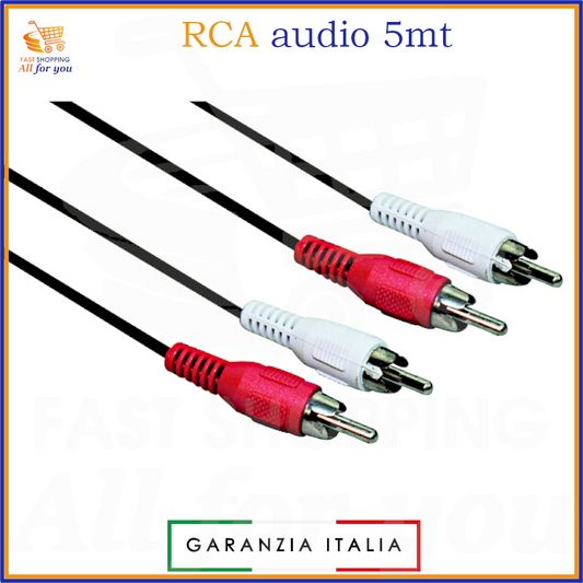 Cavo audio RCA stereo 2 spine maschio 5 metri schermato alta qualità colore nero
