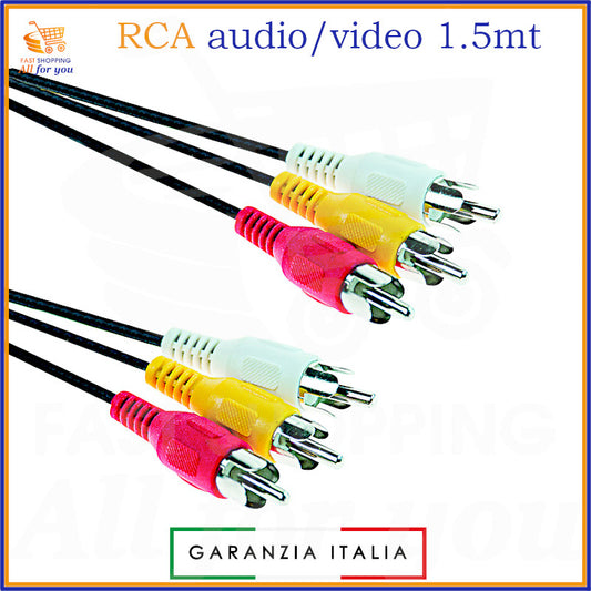 Cavo RCA audio video 3x3 maschio da 1,5 metri colore nero per connessioni AV composito