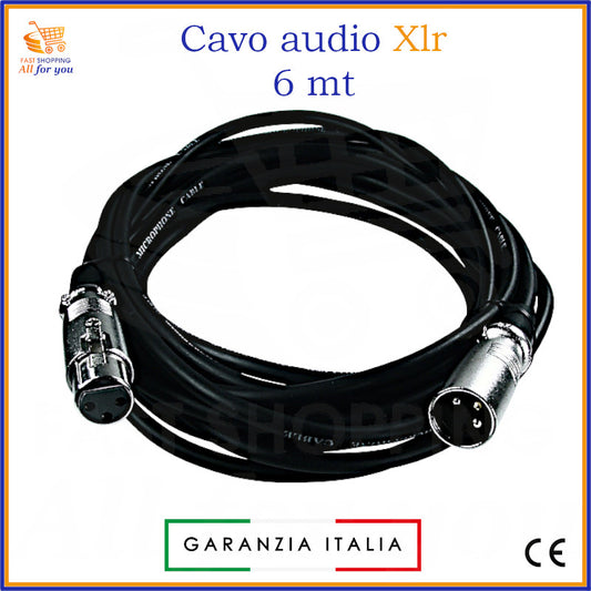Cavo audio XLR nero da 6 metri con connettori maschio e femmina 3 poli