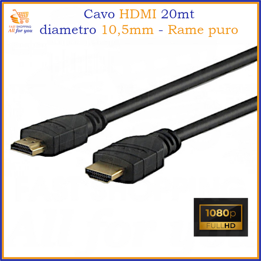 Cavo HDMI nero 20 metri con connettori dorati, diametro 10,5 mm, rame puro, Full HD 1080p