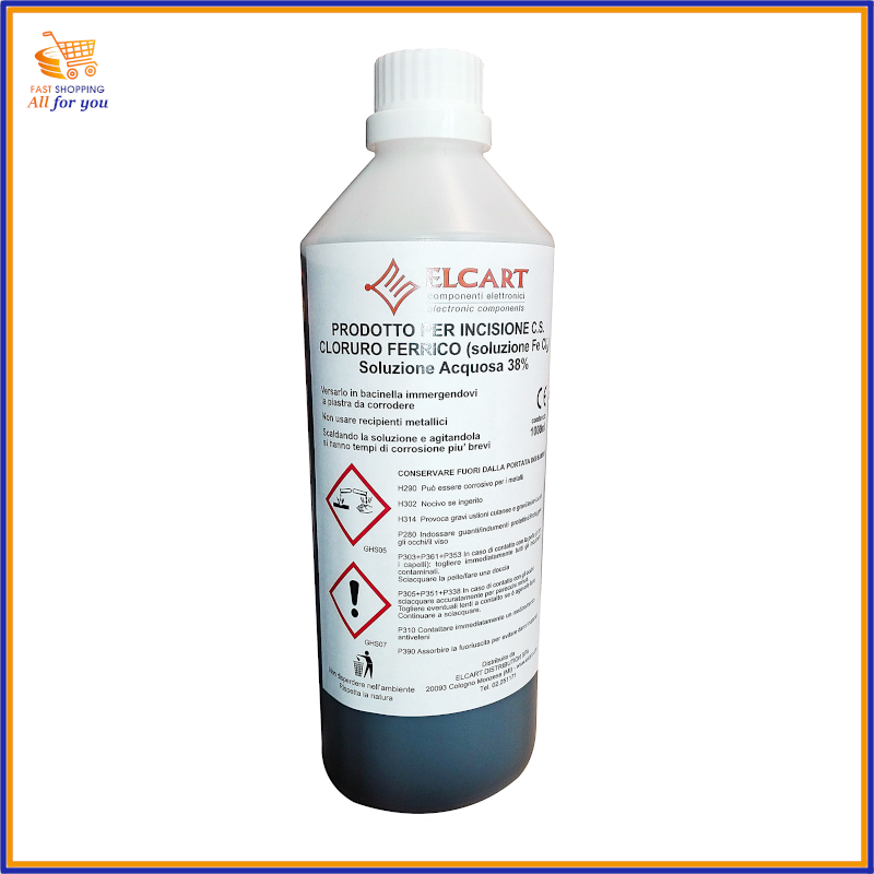 Flacone di Cloruro Ferrico Elcart da 1000g (1 litro), soluzione acquosa al 38% pronta per l'incisione di circuiti stampati. Etichetta con avvertenze di sicurezza e simbolo di corrosività visibile.