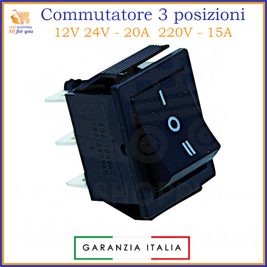 Commutatore a bilanciere 3 posizioni (1-0-2) bipolare nero con terminali Faston 6.3mm, 20A 125V / 15A 250V, compatibile 12V 24V 220V.