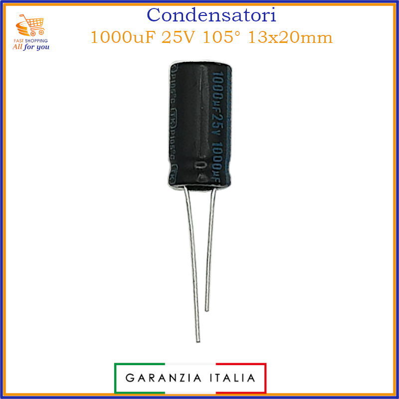Condensatore elettrolitico 1000uF 25V 105°C radiale 13x20mm in alluminio – 1 pezzo
