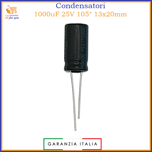 Condensatore elettrolitico 1000uF 25V 105°C radiale 13x20mm in alluminio – 1 pezzo