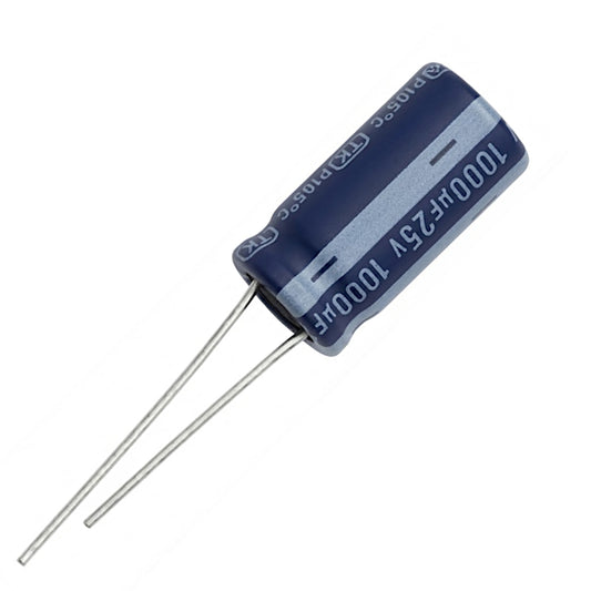 Condensatore elettrolitico radiale da 1000uF 25V con tolleranza termica fino a 105°C per circuiti elettronici