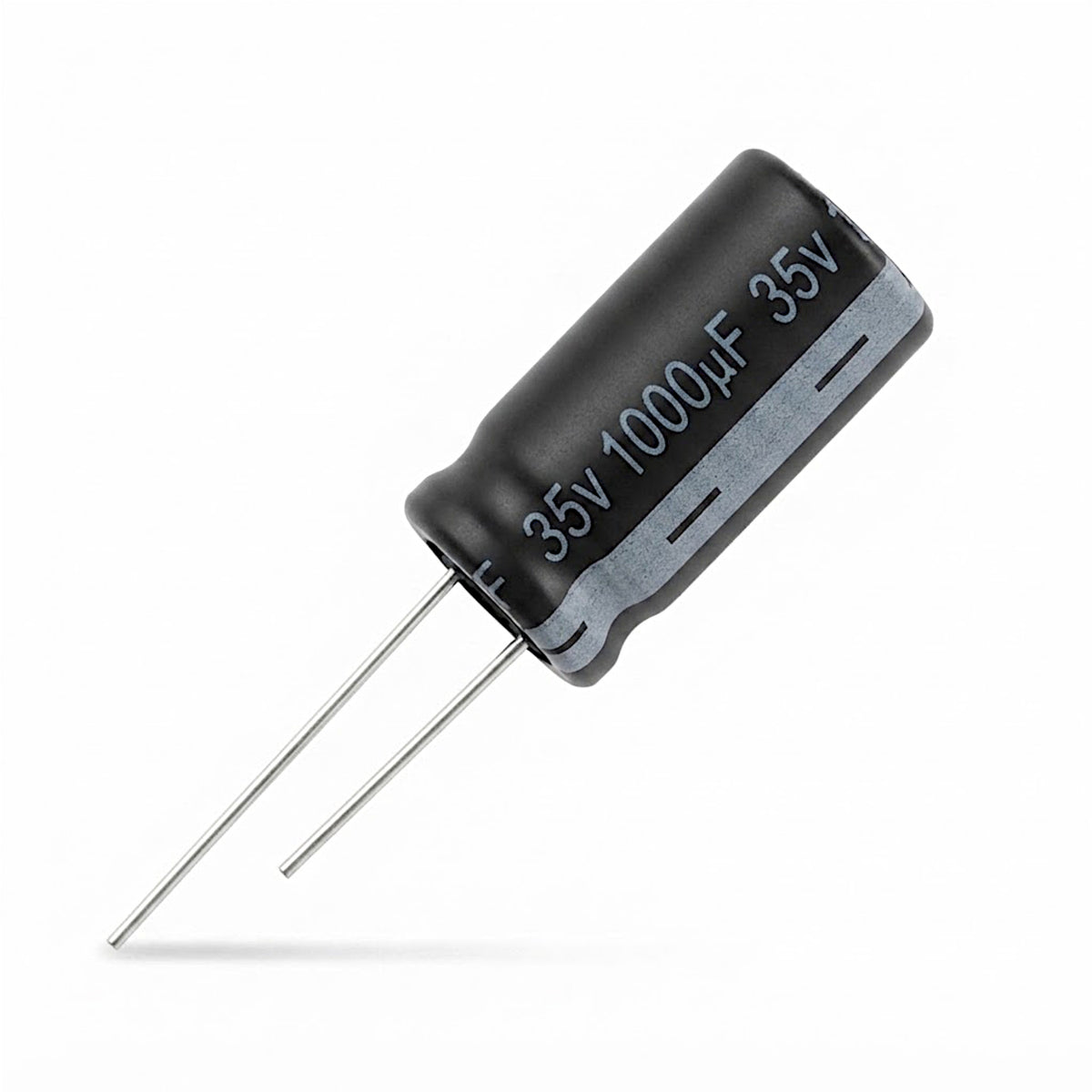 Condensatore elettrolitico radiale da 1000uF 35V con tolleranza termica fino a 105°C per circuiti elettronici