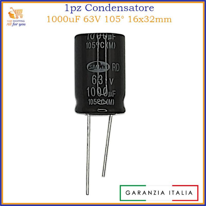 Condensatore elettrolitico 1000uF 63V 16x32mm 105° radiale in alluminio
