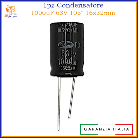 Condensatore elettrolitico 1000uF 63V 16x32mm 105° radiale in alluminio