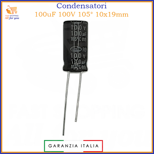 Condensatore elettrolitico 100uF 100V 105°C radiale 10x19mm in alluminio – 1 pezzo