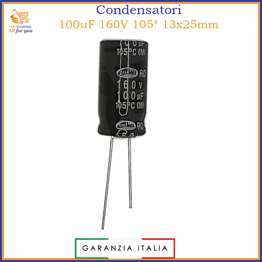 Condensatore elettrolitico 100uF 160V 105°C radiale 13x25mm in alluminio – 1 pezzo
