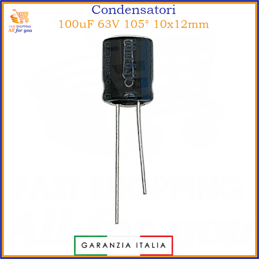 Condensatore elettrolitico 100uF 63V 105°C radiale 10x12mm in alluminio – 1 pezzo