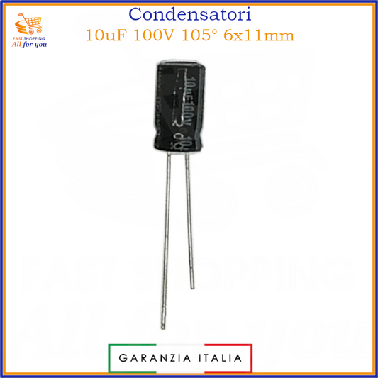 Condensatore elettrolitico 10uF 100V 105° 6x11mm radiale alluminio polarizzato