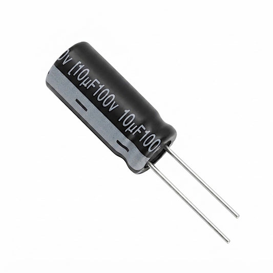 Condensatore elettrolitico radiale da 10uF 100V con tolleranza termica fino a 105°C per circuiti elettronici