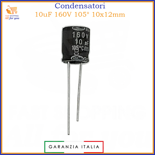 Condensatore elettrolitico 10uF 160V 105° radiale 10x12mm in alluminio polarizzato