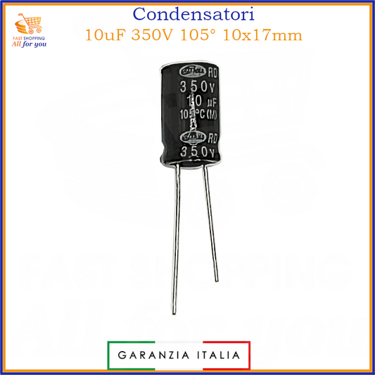 Condensatore elettrolitico 10uF 350V 105°C radiale 10x17mm in alluminio – 1 pezzo