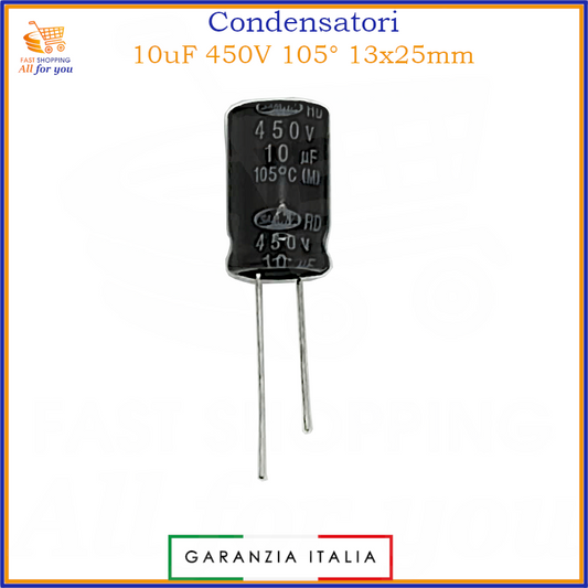Condensatore elettrolitico 10uF 450V 105°C radiale 13x25mm in alluminio – 1 pezzo
