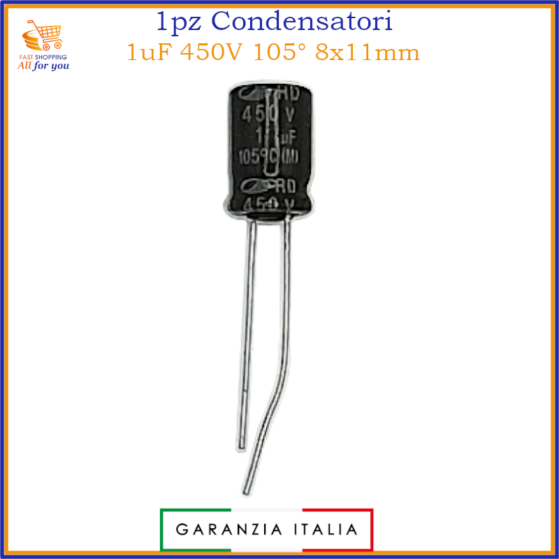 Condensatore elettrolitico 1uF 450V 105° 8x11mm radiale in alluminio