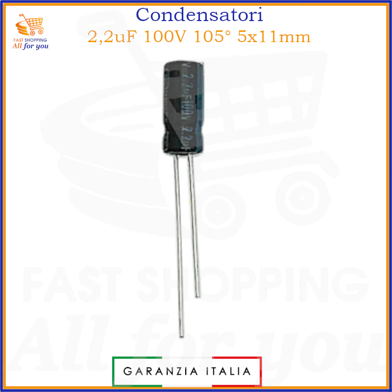 Condensatore elettrolitico 2,2uF 100V 5x11mm 105° radiale in alluminio