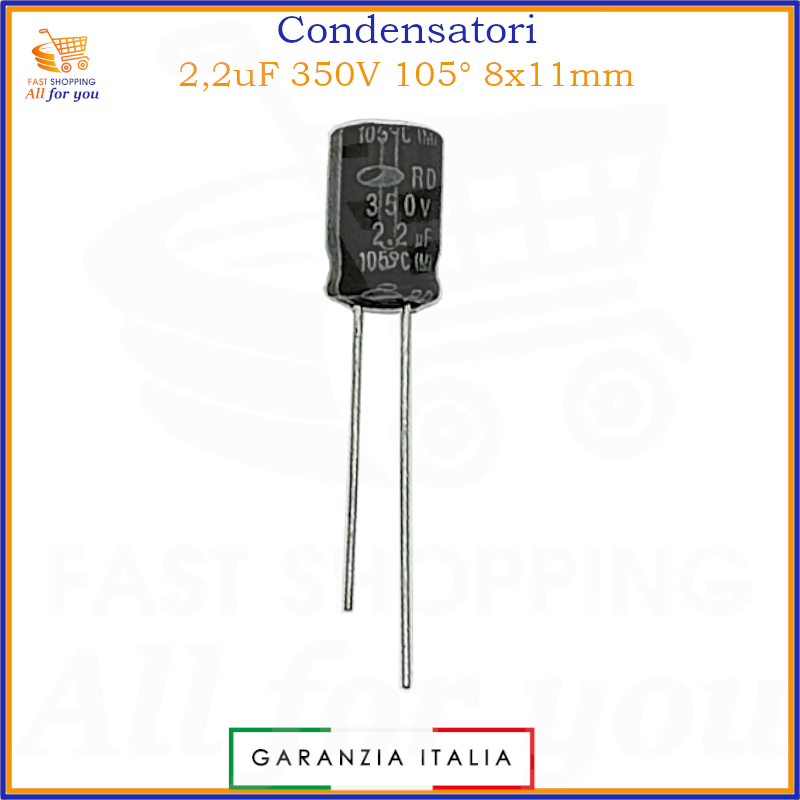 Condensatore elettrolitico 2,2uF 350V 8x11mm 105° radiale in alluminio