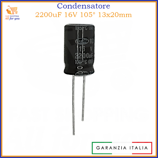Condensatore elettrolitico radiale 2200uF 16V 105 gradi 13x20mm in alluminio polarizzato