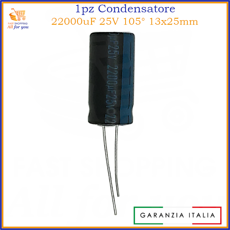 Condensatore elettrolitico radiale 2200uF 25V 105 gradi 13x25mm in alluminio polarizzato