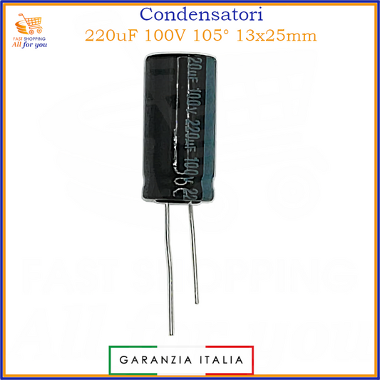 Condensatore elettrolitico radiale 220uF 100V 105 gradi 13x25mm in alluminio polarizzato