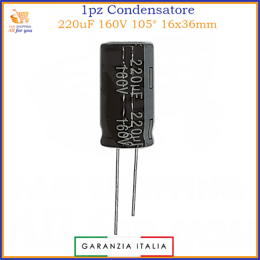Condensatore elettrolitico radiale 220uF 160V 105 gradi 16x36mm in alluminio polarizzato