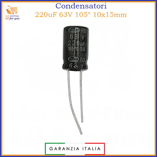 Condensatore elettrolitico radiale 220uF 63V 105 gradi 10x15mm in alluminio polarizzato