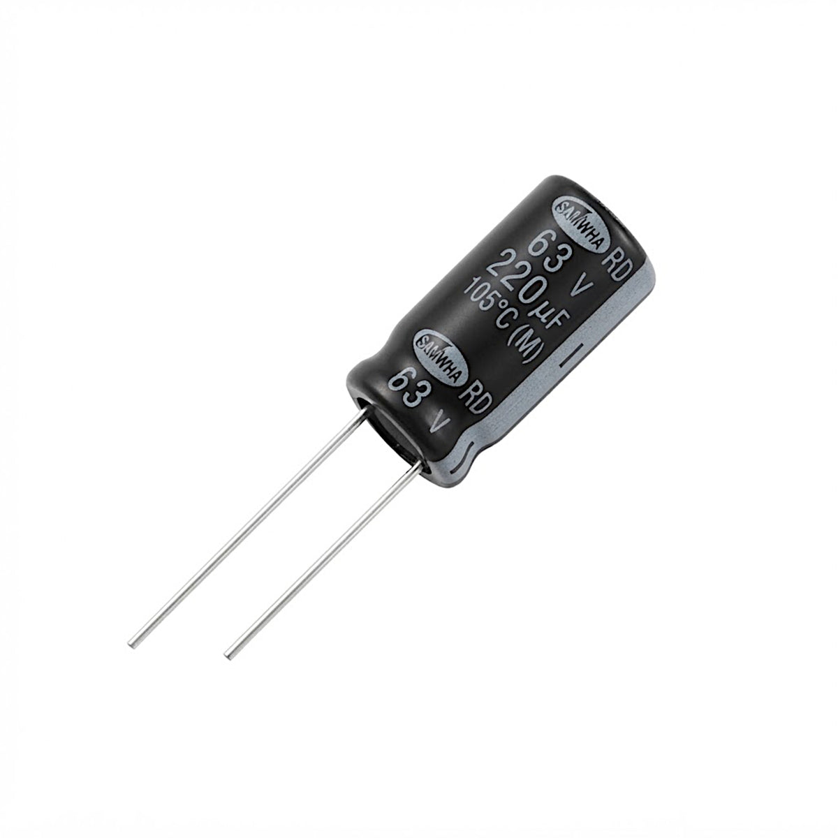 Condensatore elettrolitico radiale da 220uF 63V con tolleranza termica fino a 105°C per circuiti elettronici