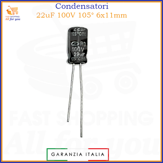 Condensatore elettrolitico 22uF 100V 6x11mm 105° radiale in alluminio