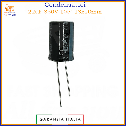 Condensatore elettrolitico radiale 22uF 350V 105 gradi 13x20mm in alluminio polarizzato